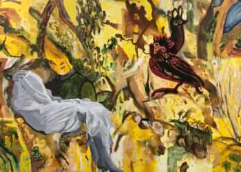 השיעור הכואב של היציאה מהילדות ורד הקרט, "מתאבל לאין קץ", טכניקה מעורבת, קולאז׳ ושמן על בד, 2022