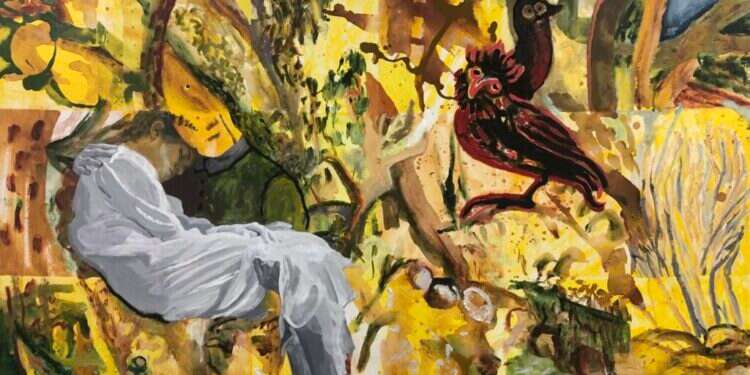 השיעור הכואב של היציאה מהילדות. ורד הקרט, השיעור הכואב של היציאה מהילדות ורד הקרט, "מתאבל לאין קץ", טכניקה מעורבת, קולאז׳ ושמן על בד, 2022