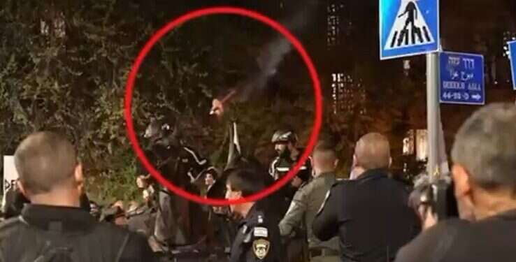 השלכת הלפיד הבוער לעבר הפרש המשטרתי. צילום: דוברות המשטרה החשוד בהשלכת הלפיד לעבר שוטר: פעיל "אחים לנשק"