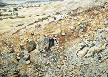 יונה לוי־גרוסמן, "מעלה עקרבים", שמן על קנבס, 1989. מוצגת בתערוכה "נוף־נוף־נוף" במכון ון־ליר