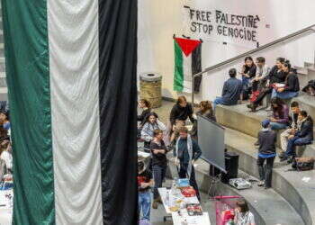 הפגנה פרו־פלסטינית באוניברסיטה בז'נבה, בתחילת החודש. צילום: אי.פי.איי