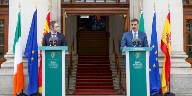 ראש ממשלת אירלנד סיימון האריס וראש ממשלת ספרד פדרו סאנצ'ס. צילום: AFP