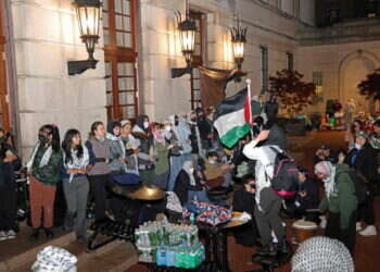 מפגינים פרו־פלסטינים באוניברסיטת קולומביה, השבוע. צילום: איי.אף.פי