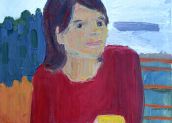 מעידה על עצמה ש״שתתה ארבע מאות כוסות קפה בלפחות שלוש מאות דייטים״. בן סיימון, "אישה בחולצה אדומה ליד הנהר", שמן על בד, 2023