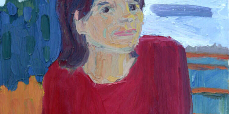 מעידה על עצמה ש״שתתה ארבע מאות כוסות קפה בלפחות שלוש מאות דייטים״. בן סיימון, "אישה בחולצה אדומה ליד הנהר", שמן על בד, 2023