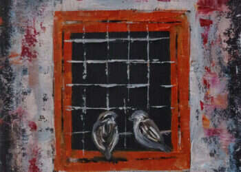 עצב על התקופה שבה חיה לצידו בתחושת דחייה מתמדת. עליזה דיין, "דרור", שמן על בד, 2024