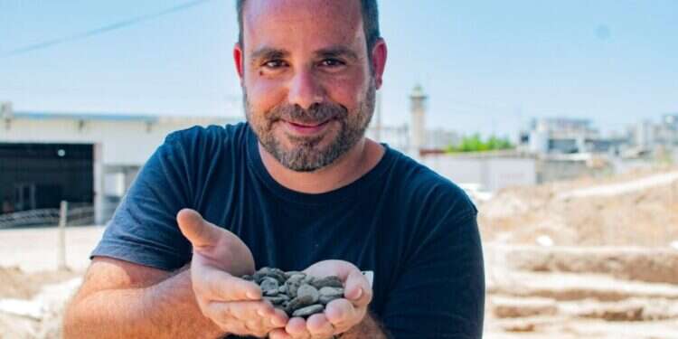 הארכיאולוג שחר קריספין מחזיק את מטמון המטבעות לאחר מציאתו. צילום יולי שוורץ 94 מטבעות: עדות בלוד למרד האחרון של יהודי ארץ ישראל בשלטון הרומי