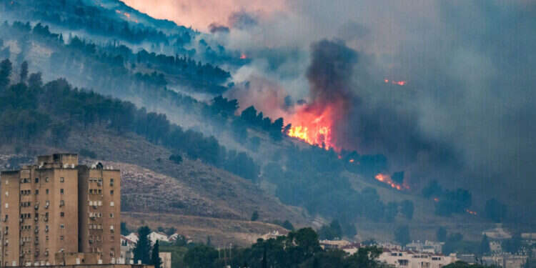 האש הגיעה עד הקמפוס. ההר בוער מעל קריית־שמונה, השבוע. צילום: אייל מרגולין, פלאש 90 האש הגיעה עד הקמפוס. ההר בוער מעל קריית־שמונה, השבוע. צילום: אייל מרגולין, פלאש 90