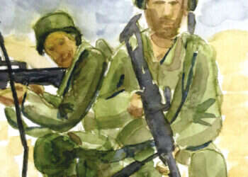 "זו מנין לכם, לפרסם בצורה של הלכה פסוקה שבני הישיבות אין להם לא להירשם ולא להיפקד ולא להתייצב." ״אחים לנשק״, ישראל בלס, צבעי מים על נייר, 2021