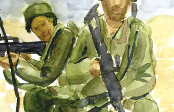 "זו מנין לכם, לפרסם בצורה של הלכה פסוקה שבני הישיבות אין להם לא להירשם ולא להיפקד ולא להתייצב." ״אחים לנשק״, ישראל בלס, צבעי מים על נייר, 2021