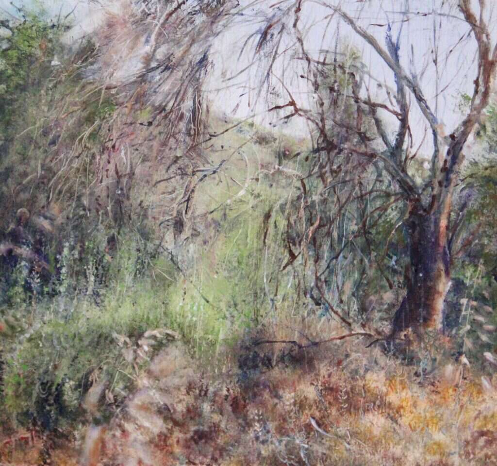 ורד טרי, עץ מת עומד, שמן על בד, 2017