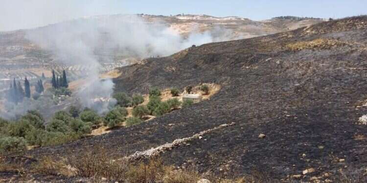 השריפה סמוך להר ברכה. צילום: ועד גבעת רונן שריפה סמוך לבתים בהר ברכה: ציר הגישה ליישוב נחסם