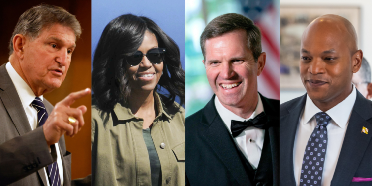 מימין לשמאל: ווס מור, אנדי בישיר, מישל אובמה וג'וזף מנצ'ין. צילומים: epa/Analia Garelli, JEFF KOWALSKY / AFP, EPA/JIM LO SCALZO, Stefani Reynolds / AFP הניצחון לא אצלה בכיס: מי עשוי להתמודד מול האריס