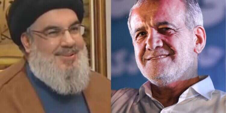 נשיא איראן הנבחר מסעוד פזשכיאן (ימין) ומנהיג חיזבאללה חסן נסראללה. צילומים: ATTA KENARE / AFP למרות שקרא "להושיט יד למערב": נסראללה בירך את נשיא איראן הנבחר