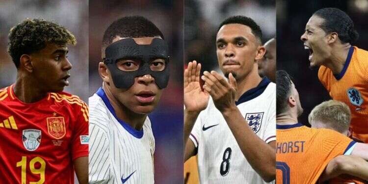 מימין לשמאל: וירג'יל ואן דייק ההולנדי, טרנט אלכסנדר-ארנולד האנגלי, קיליאן אמפבה הצרפתי ולאמין ימאל הספרדי. אחד מארבעתם יהיה אלוף אירופה בפעם הראשונה. צילומים: EPA/ABEDIN TAHERKENAREH, JAVIER SORIANO / AFP, FRANCK FIFE / AFP, Tobias SCHWARZ / AFP ספרד, צרפת, אנגליה או הולנד: התחזיות לחצי גמר היורו