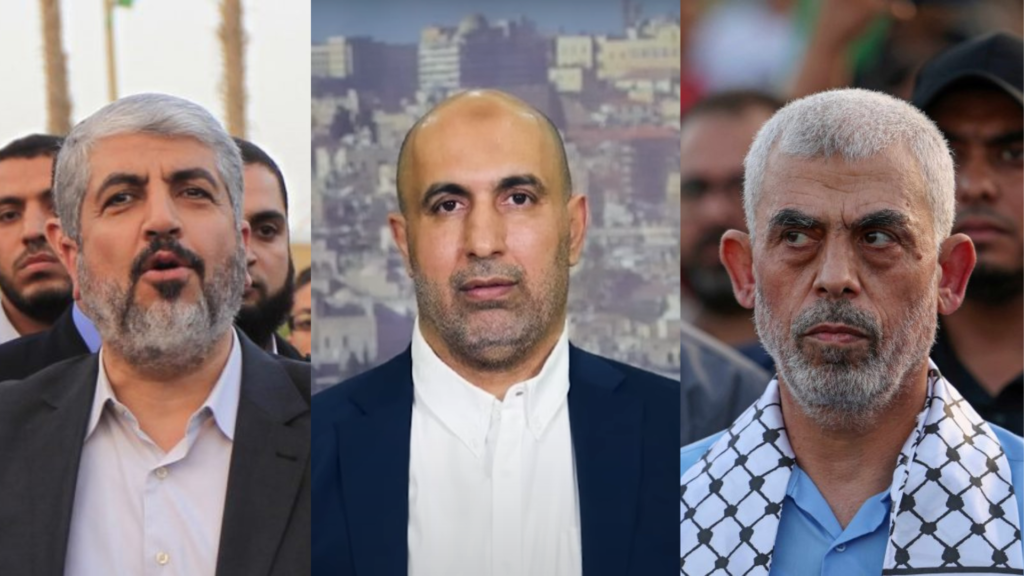 מימין לשמאל: יחיא סינוואר, זאהר ג'בארין וחאלד משעל. צילומים: AFP, פלאש 90 וצילום מסך מיוטיוב