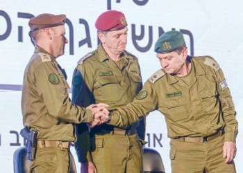 טקס חילופי ראש אמ"ן בשבוע שעבר. מימין: אהרון חליוה, הרצי הלוי ושלומי בינדר. צילום: תומר נויברג, פלאש 90