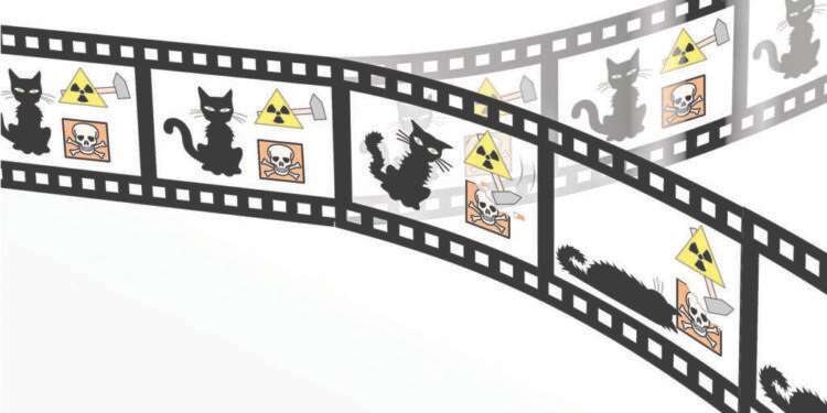 שרדינגר נמלט לסנטוריום בהרים. המחשה מאוירת לניסוי החתול המפורסם. איור: Christian Schirm שרדינגר נמלט לסנטוריום בהרים. המחשה מאוירת לניסוי החתול המפורסם. איור: Christian Schirm