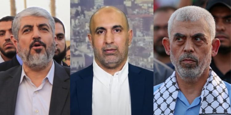 מימין לשמאל: יחיא סינוואר, זאהר ג'בארין וחאלד משעל. צילומים: AFP, פלאש 90 וצילום מסך מיוטיוב משלושה יוצא אחד: מי יירש את הנייה כמנהיג חמאס