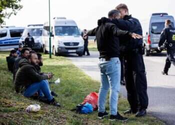 קצין משטרה גרמני בודק מהגרים ליד הגבול עם פולין. צילום: איי.אף.פי