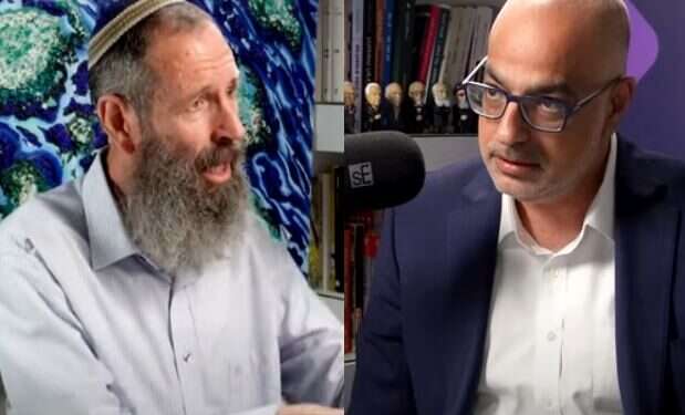 פרופ' משה כהן אליה והרב יגאל לוינשטיין. צילום מסך מתוך הפודקאסט על המשמעות "לא נעים להם לראות אנשים דתיים": פרופ' כהן אליה והרב לוינשטיין בשיח על שנאה וזהות יהודית