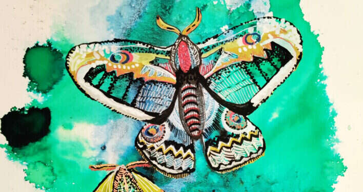 פרפרים 3, ליאור שור, דיו וטושים אקריליים על נייר, 2021. הוצג בתערוכה "Girls Just Wanna" בגלריה החדשה בסדנאות האמנים טדי