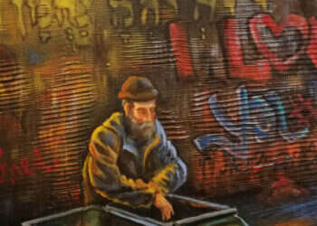 הברסלביות היא תופעה תרבותית בהוויה הישראלית. ידידיה איש שלום, "על הלחם לבדו", צבעי שמן על בד, 2020