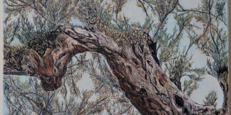 מרים סטיווי, "אור זרוע", טוש ומים על קנבס, 2022; הוצג בתערוכה "עץמותיי תאמרנה"