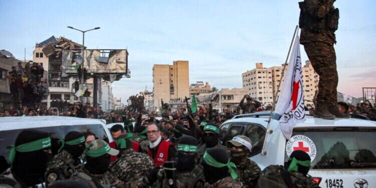 פעילי חמאס והצלב האדום בעזה, צילום: Omar AL-QATTAA / AFP